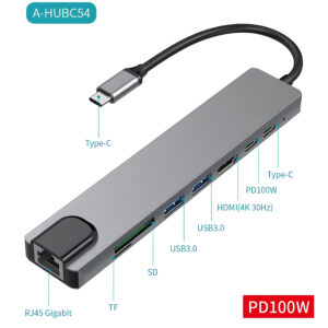 Adaptador SATE USB-C 8 en 1 – Carga Rápida, HDMI, USB 3.0, SD, Ethernet